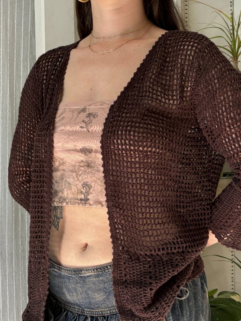 Vintage Burgundy Loose-Knit Crochet Cardigan - XL